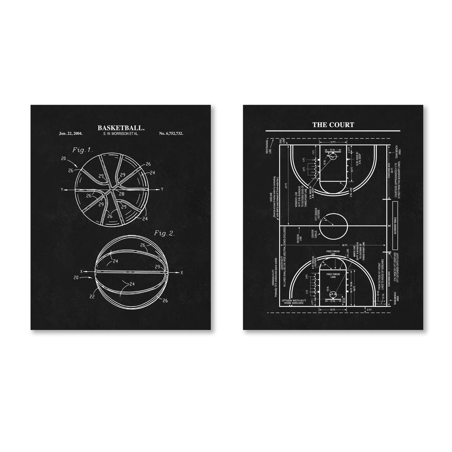 Basketball Patent Art Set | Basketball Court and Basketball Patent Prints | Basketball Wall Art | Unframed Set of 2 Physical Prints