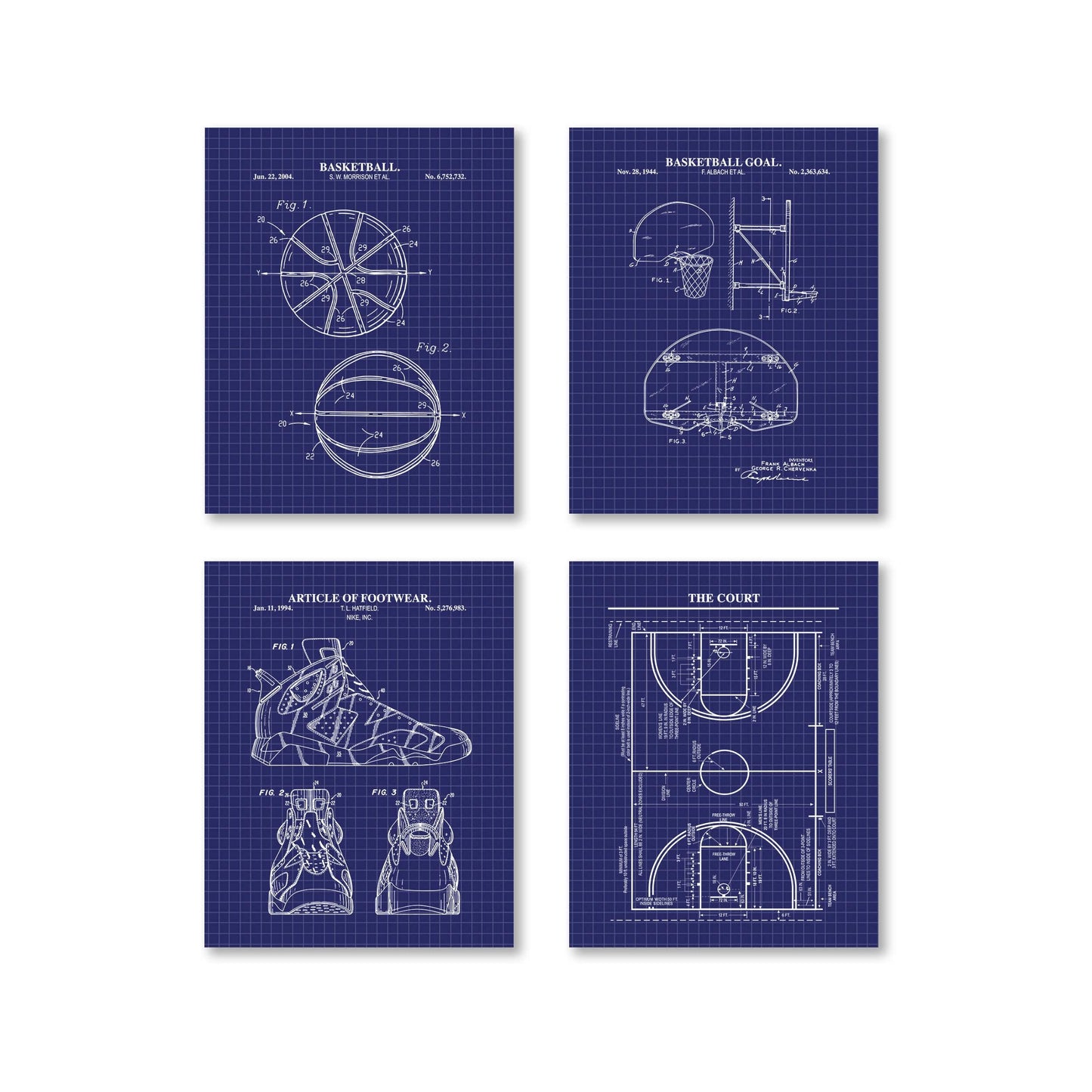 Basketball Patent Wall Art Set | Basketball, Basketball Hoop, Basketball Court and Shoe Patents | Unframed Set of 4 Physical Prints