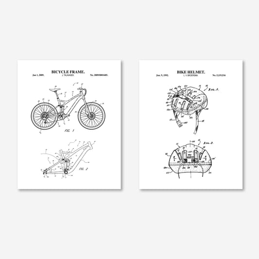 Mountain Bike Wall Art | Bike Helmet and Bicycle Frame Patent Prints | 2 Unframed Physical Prints