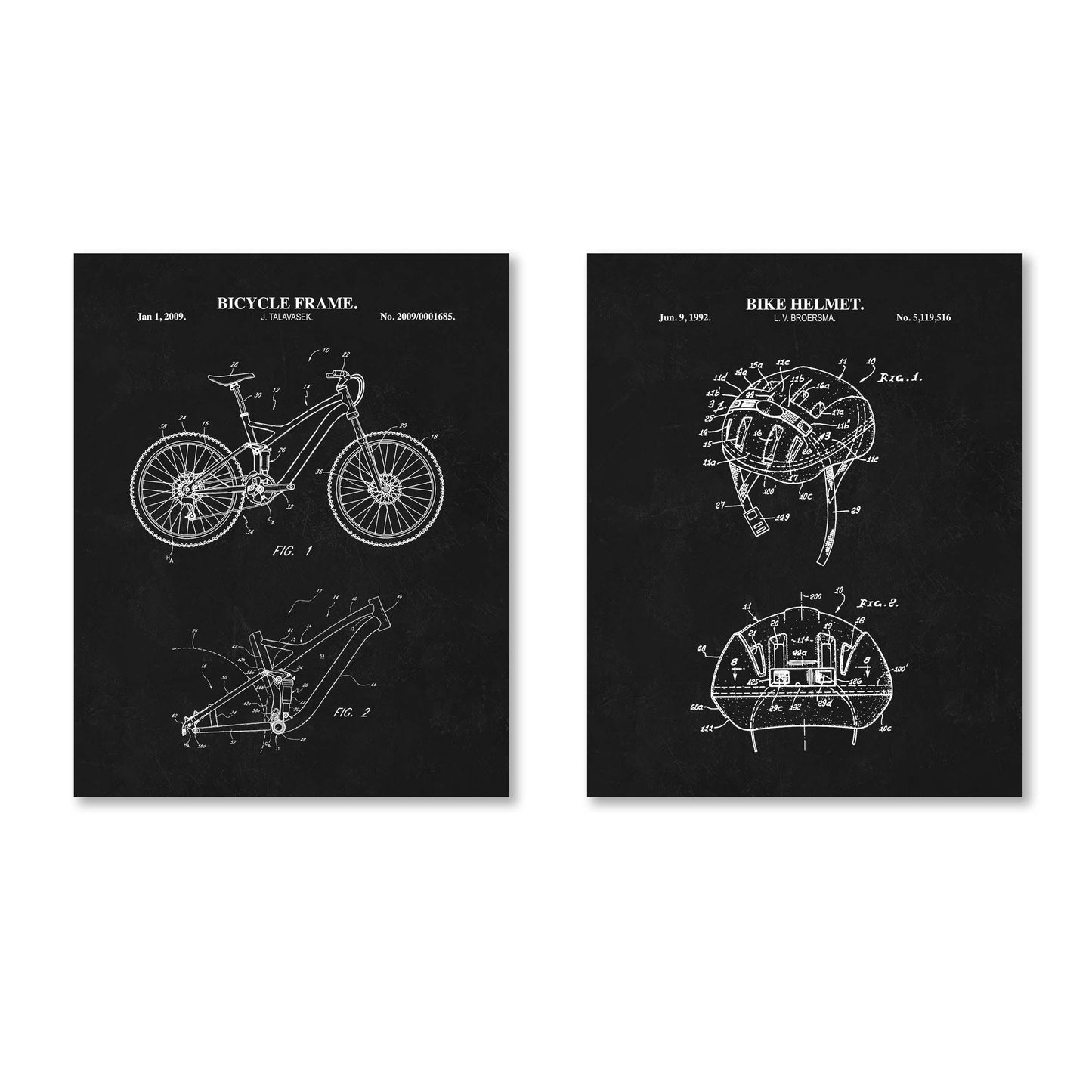Mountain Bike Wall Art | Bike Helmet and Bicycle Frame Patent Prints | 2 Unframed Physical Prints