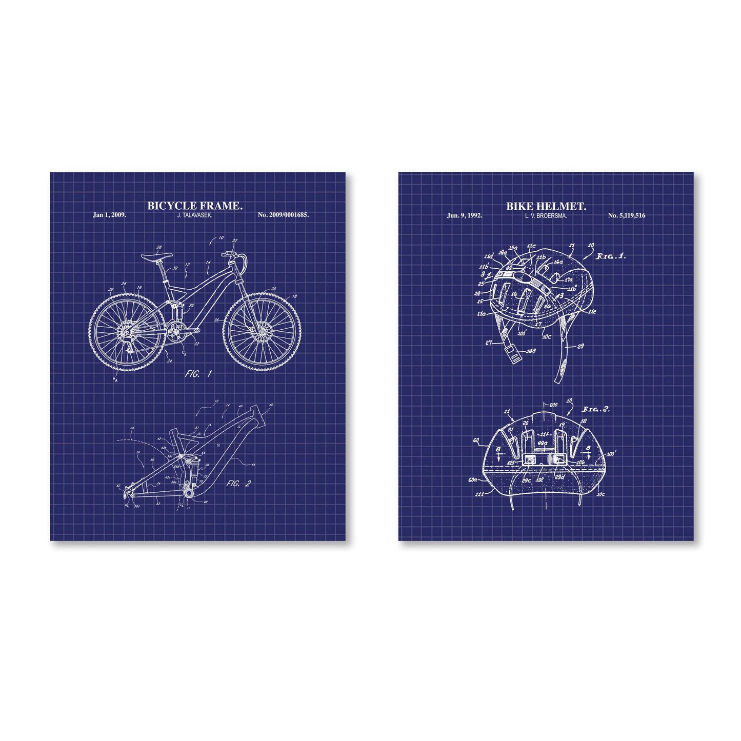Mountain Bike Wall Art | Bike Helmet and Bicycle Frame Patent Prints | 2 Unframed Physical Prints