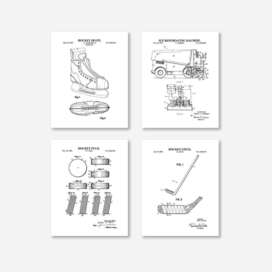 Hockey Patent Wall Art Set | Hockey Puck, Ice Resurfacing Machine, Hockey Stick & Hockey Skate Patent Prints | Set of 4 Physical Prints