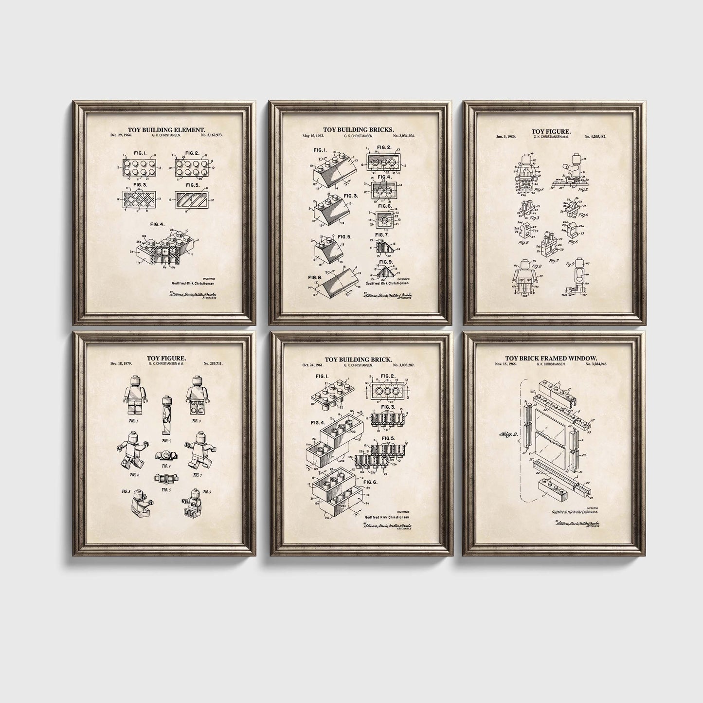 Vintage Toy Blocks Wall Art Set | 3 Toy Brick Patents, 2 Toy Figure Patents and 1 Toy Brick Window Patent Prints | Set of 6 Physical Prints
