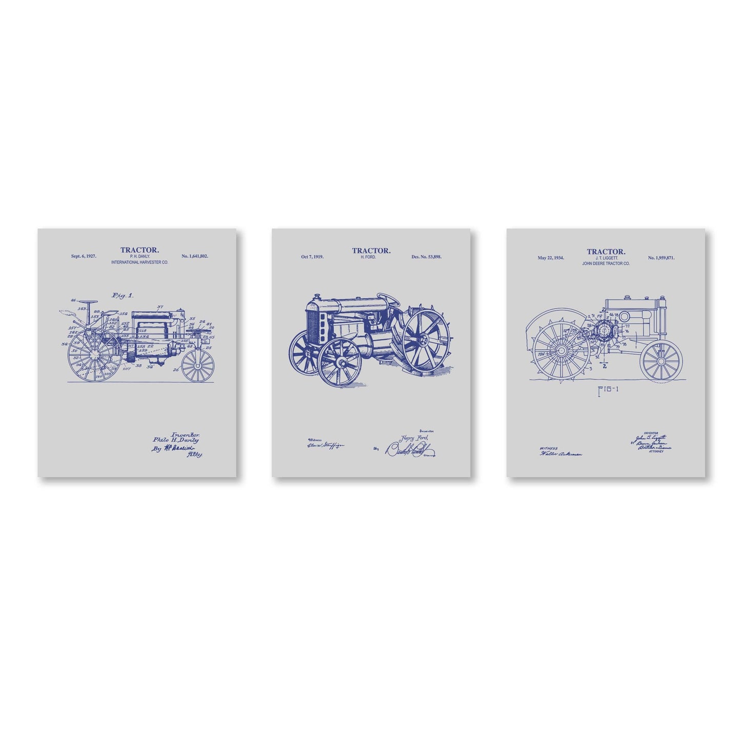 Vintage Farm Tractor Wall Art Set | Antique Tractor Patent Prints | Unframed Set of 3 Physical Prints