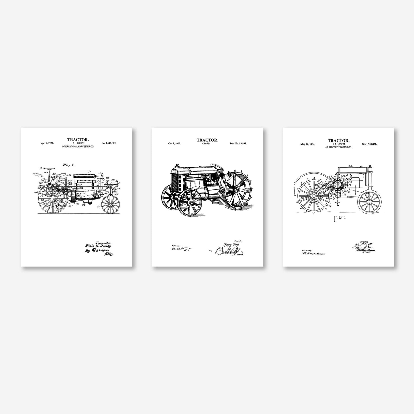 Vintage Farm Tractor Wall Art Set | Antique Tractor Patent Prints | Unframed Set of 3 Physical Prints