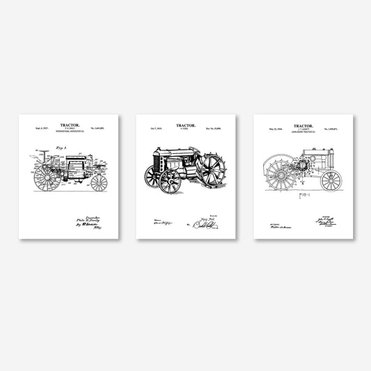 Vintage Farm Tractor Wall Art Set | Antique Tractor Patent Prints | Unframed Set of 3 Physical Prints