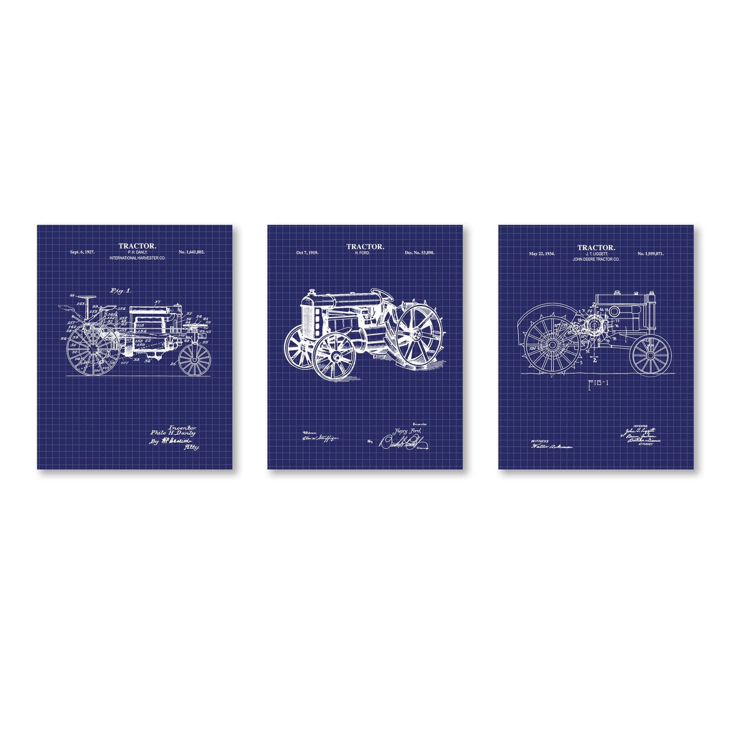 Vintage Farm Tractor Wall Art Set | Antique Tractor Patent Prints | Unframed Set of 3 Physical Prints