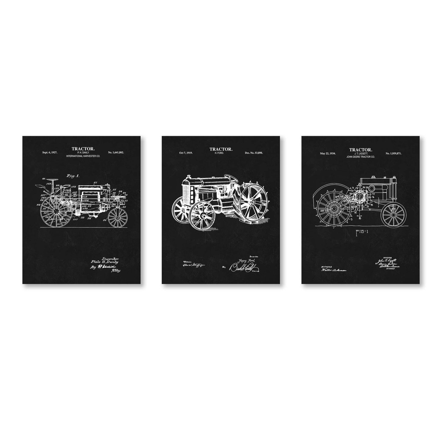 Vintage Farm Tractor Wall Art Set | Antique Tractor Patent Prints | Unframed Set of 3 Physical Prints