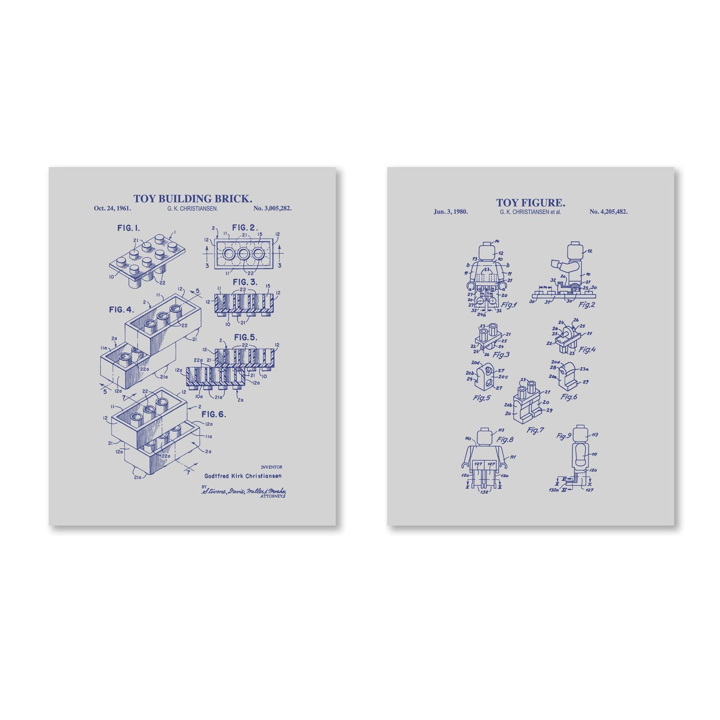 Vintage Toy Blocks Patent Wall Art | Toy Brick and Mini Toy Figure Patent Prints | Brick Building Room Decor | Set of 2 Physical Prints