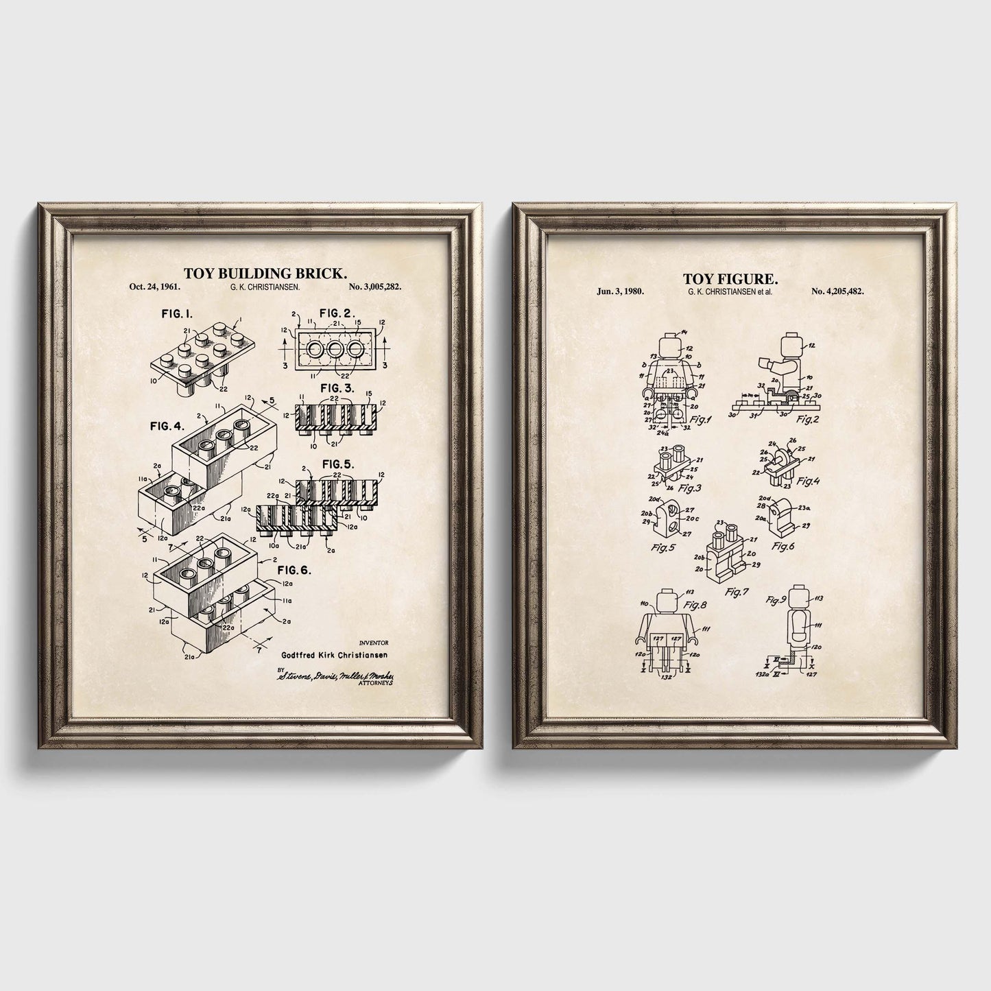 Vintage Toy Blocks Patent Wall Art | Toy Brick and Mini Toy Figure Patent Prints | Brick Building Room Decor | Set of 2 Physical Prints