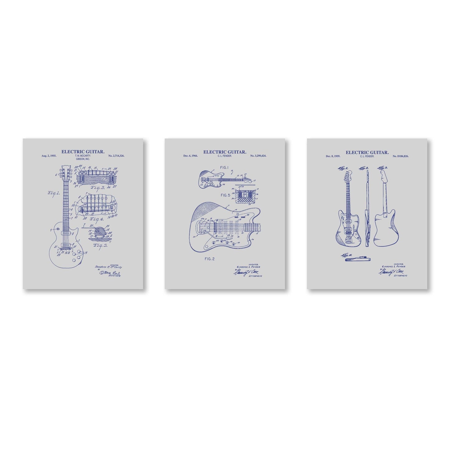 Electric Guitar Patent Wall Art | Guitar Patent Prints | Music Wall Art | Set of 3 Physical Prints