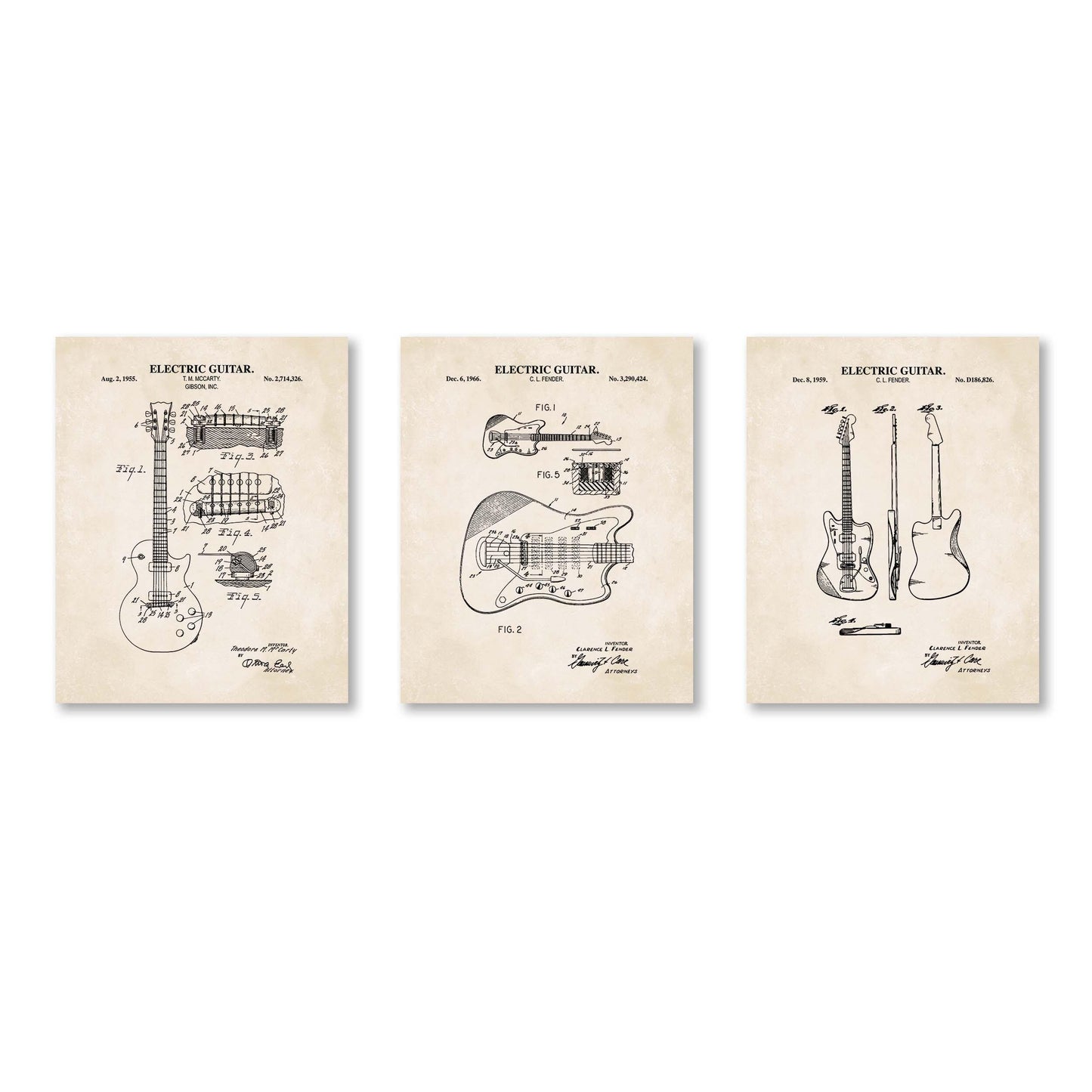 Electric Guitar Patent Wall Art | Guitar Patent Prints | Music Wall Art | Set of 3 Physical Prints