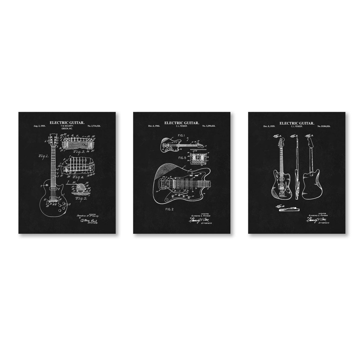 Electric Guitar Patent Wall Art | Guitar Patent Prints | Music Wall Art | Set of 3 Physical Prints