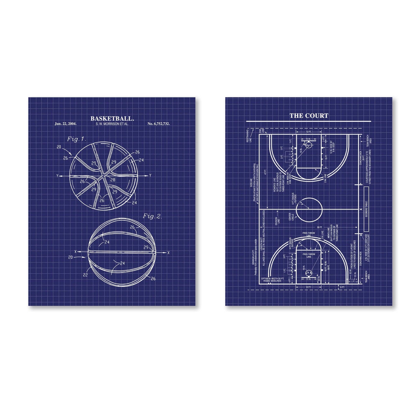 Basketball Patent Art Set | Basketball Court and Basketball Patent Prints | Basketball Wall Art | Unframed Set of 2 Physical Prints