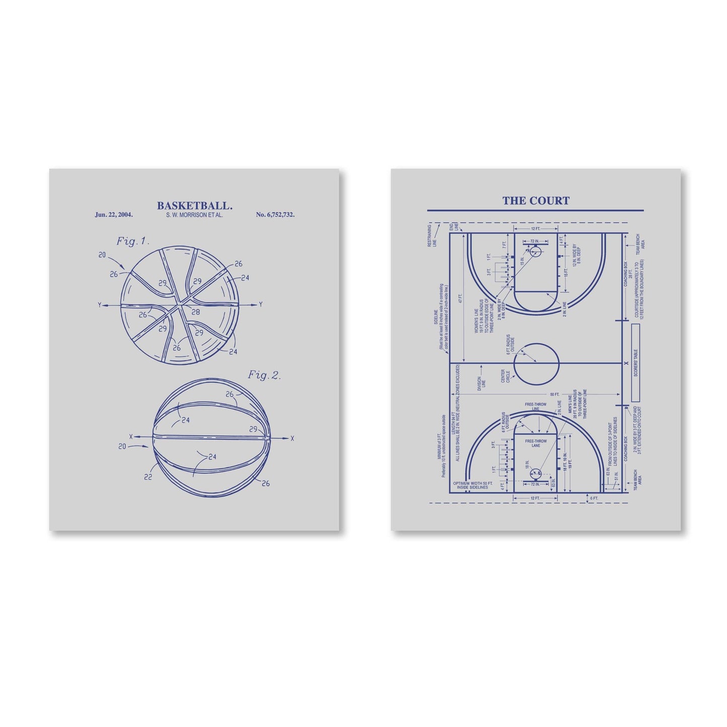 Basketball Patent Art Set | Basketball Court and Basketball Patent Prints | Basketball Wall Art | Unframed Set of 2 Physical Prints