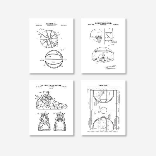 Basketball Patent Wall Art Set | Basketball, Basketball Hoop, Basketball Court and Shoe Patents | Unframed Set of 4 Physical Prints
