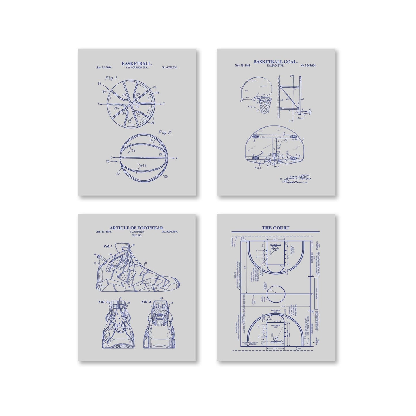 Basketball Patent Wall Art Set | Basketball, Basketball Hoop, Basketball Court and Shoe Patents | Unframed Set of 4 Physical Prints
