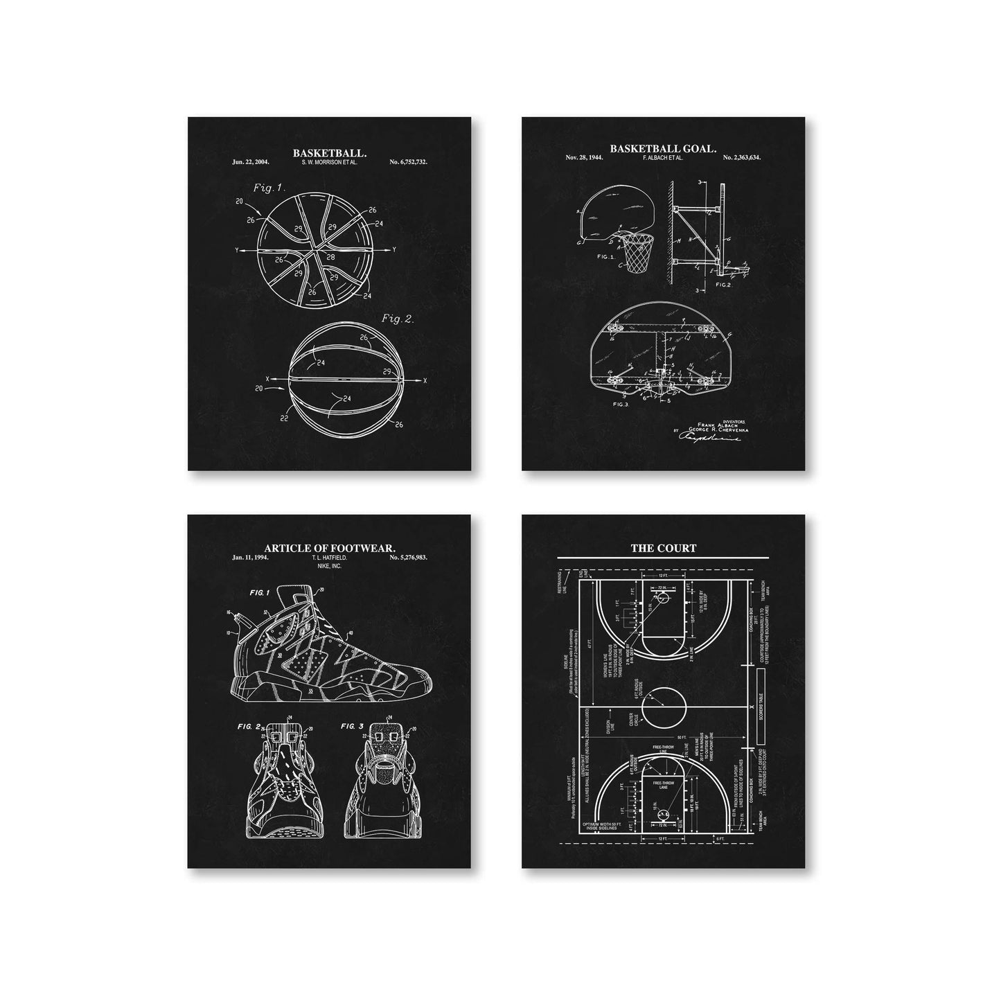 Basketball Patent Wall Art Set | Basketball, Basketball Hoop, Basketball Court and Shoe Patents | Unframed Set of 4 Physical Prints