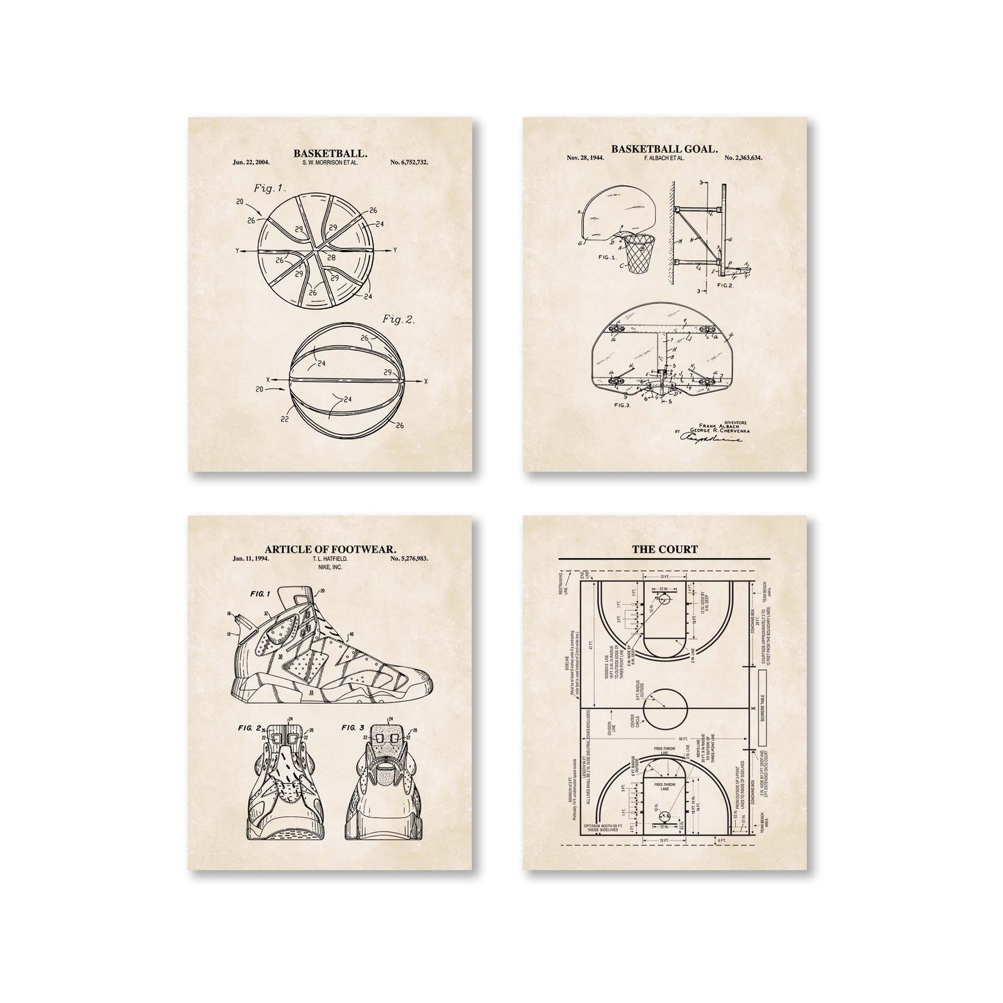 Basketball Patent Wall Art Set | Basketball, Basketball Hoop, Basketball Court and Shoe Patents | Unframed Set of 4 Physical Prints