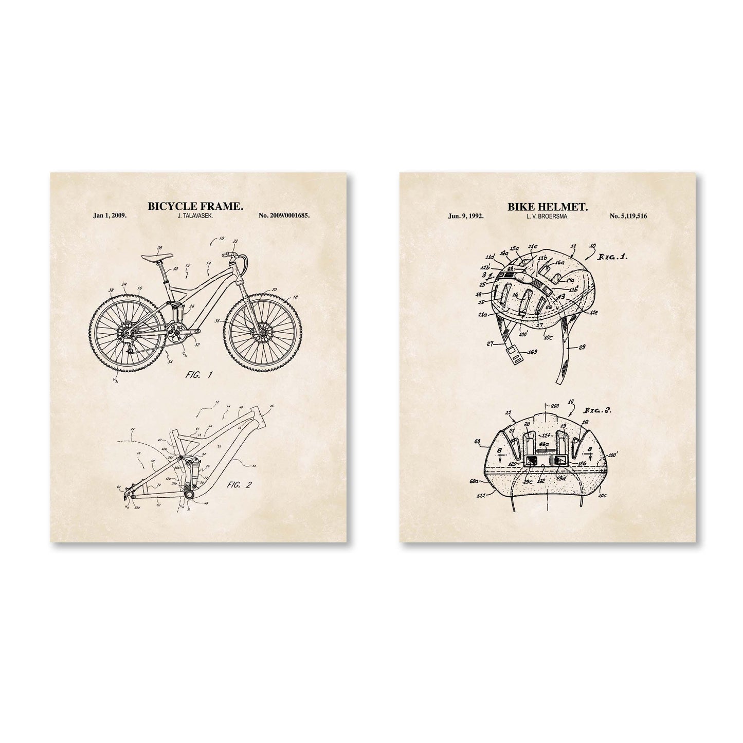 Mountain Bike Wall Art | Bike Helmet and Bicycle Frame Patent Prints | 2 Unframed Physical Prints