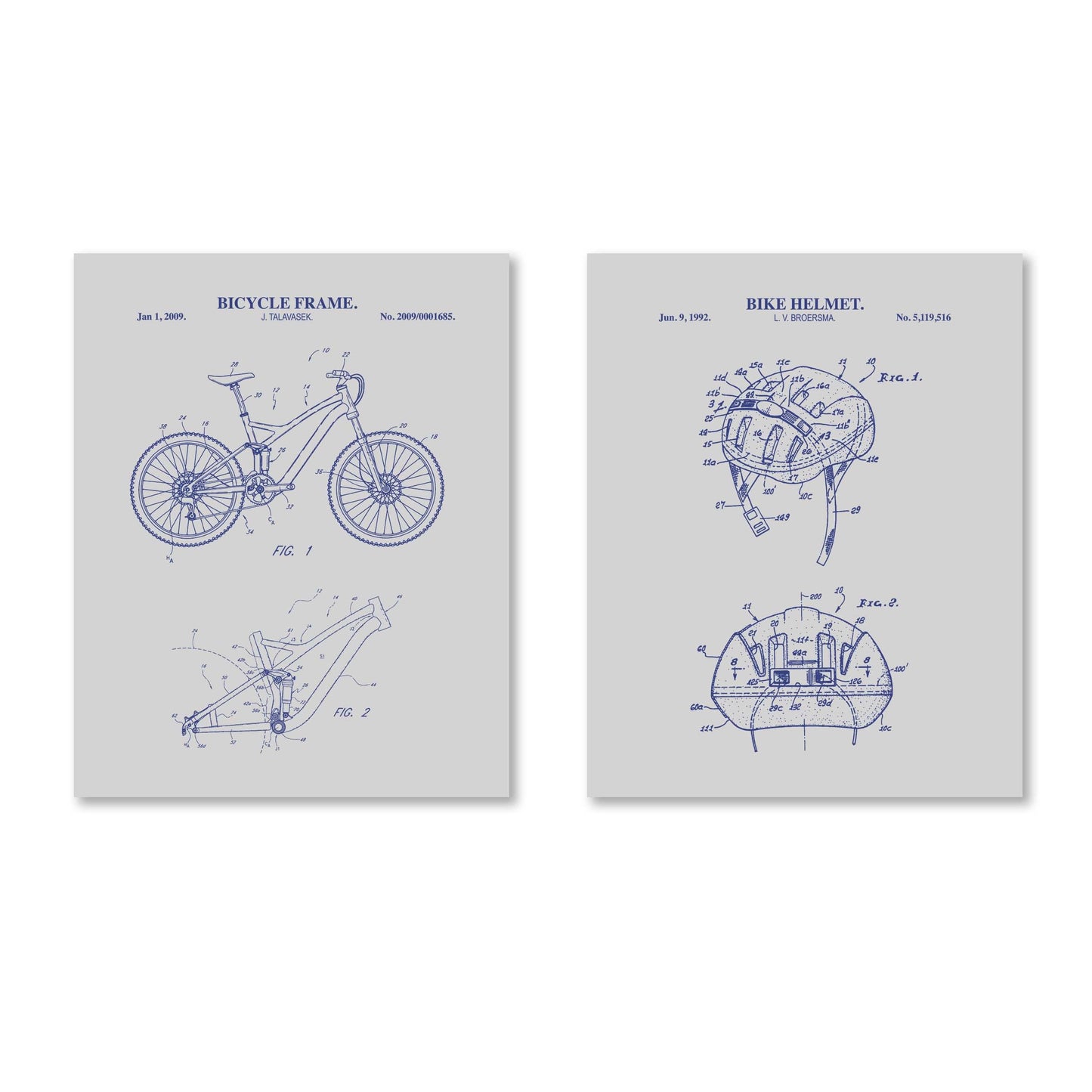 Mountain Bike Wall Art | Bike Helmet and Bicycle Frame Patent Prints | 2 Unframed Physical Prints