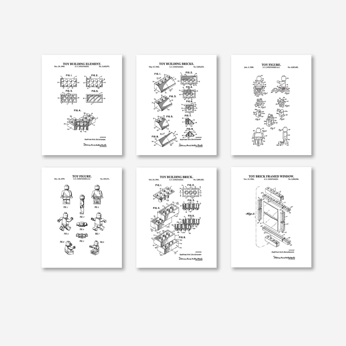 Vintage Toy Blocks Wall Art Set | 3 Toy Brick Patents, 2 Toy Figure Patents and 1 Toy Brick Window Patent Prints | Set of 6 Physical Prints