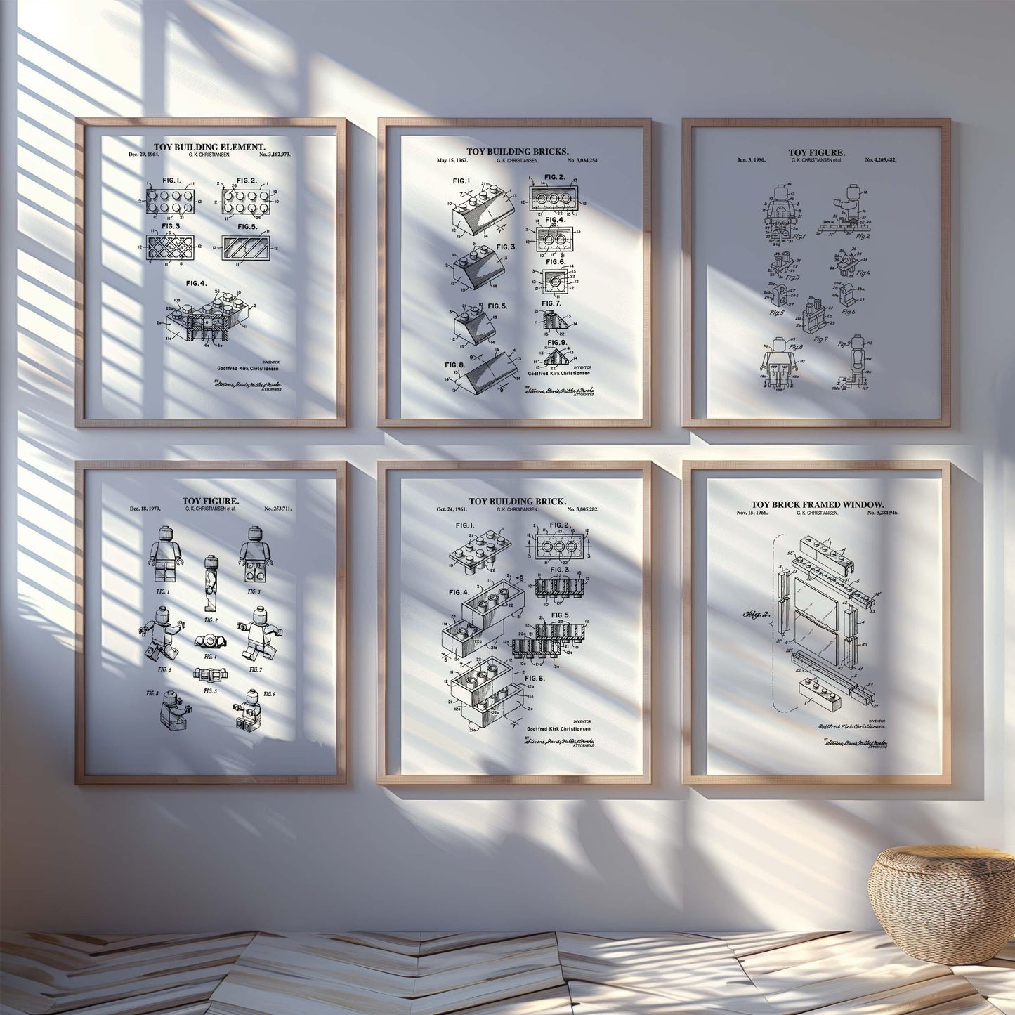 Vintage Toy Blocks Wall Art Set | 3 Toy Brick Patents, 2 Toy Figure Patents and 1 Toy Brick Window Patent Prints | Set of 6 Physical Prints