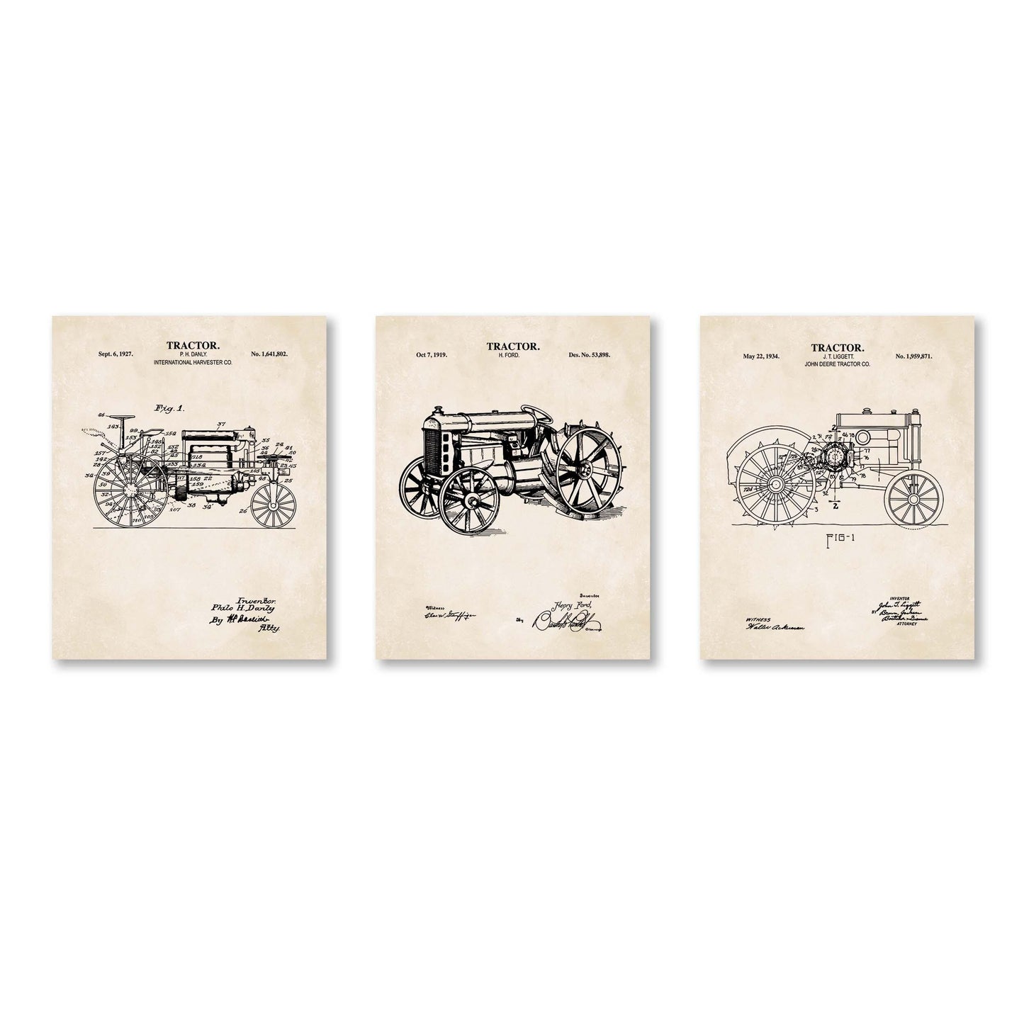 Vintage Farm Tractor Wall Art Set | Antique Tractor Patent Prints | Unframed Set of 3 Physical Prints