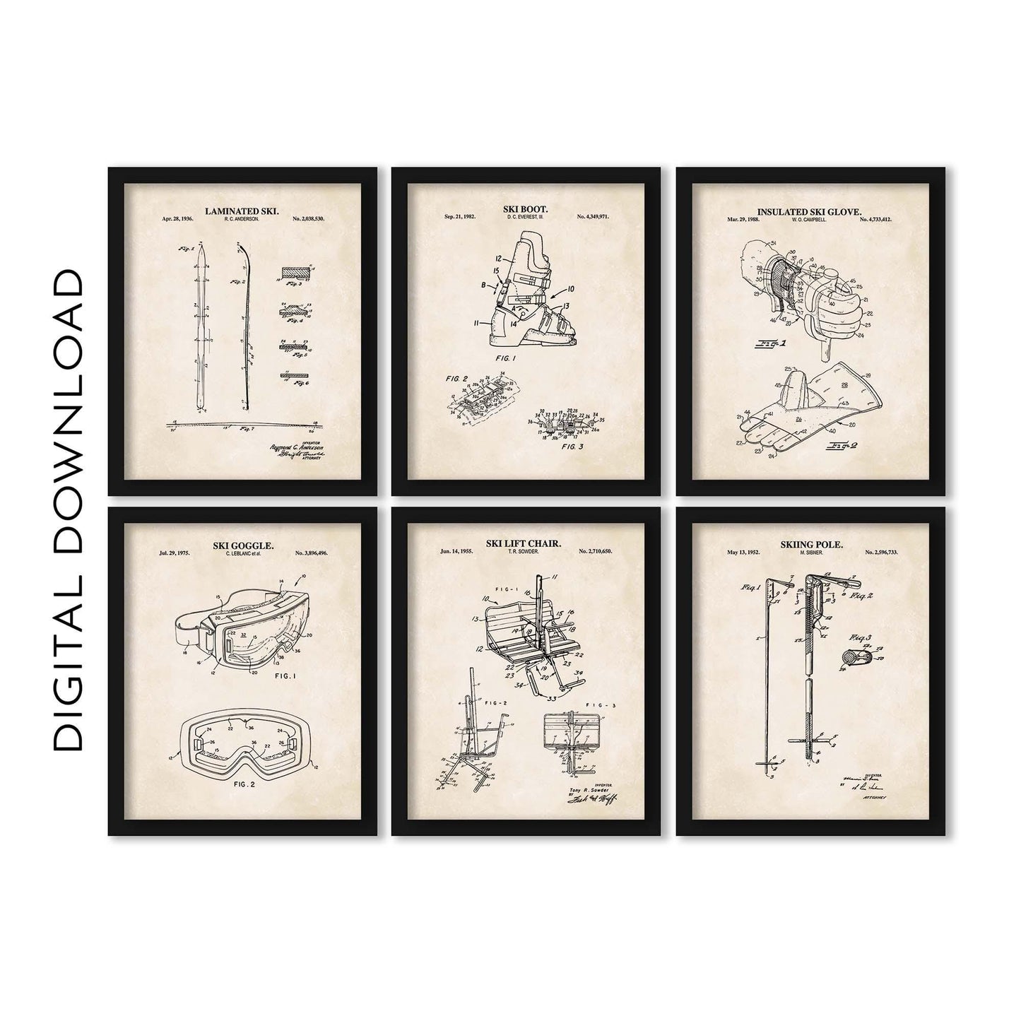 Skiing Wall Art Set | Ski, Ski Pole, Ski Boot, Goggles, Chair Lift and Glove Patent Prints | Set of 6 Prints | PRINTABLE DIGITAL DOWNLOAD