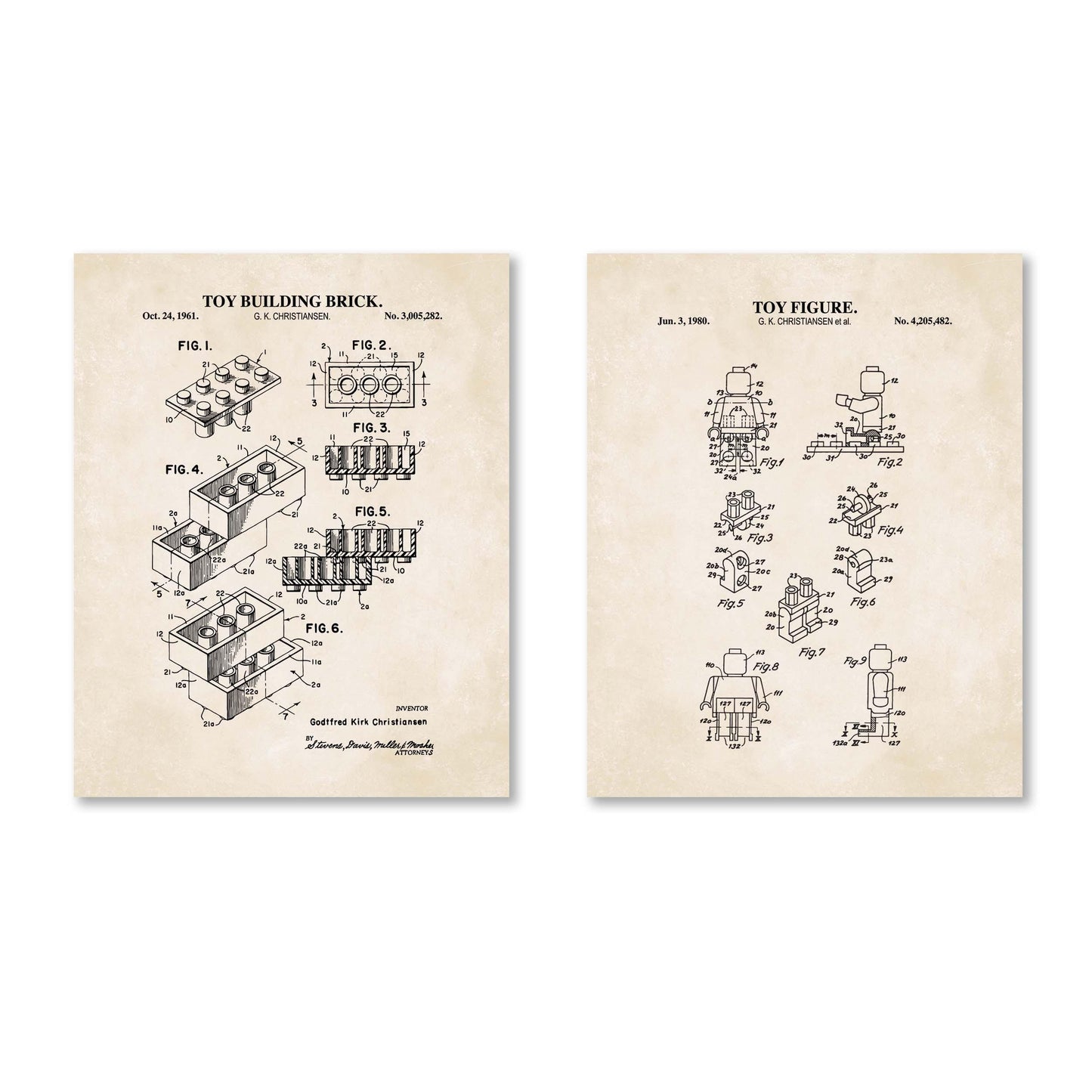 Vintage Toy Blocks Patent Wall Art | Toy Brick and Mini Toy Figure Patent Prints | Brick Building Room Decor | Set of 2 Physical Prints