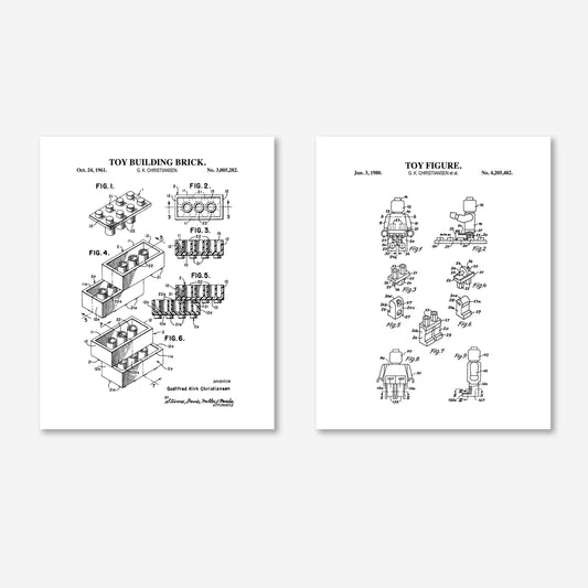 Vintage Toy Blocks Patent Wall Art | Toy Brick and Mini Toy Figure Patent Prints | Brick Building Room Decor | Set of 2 Physical Prints