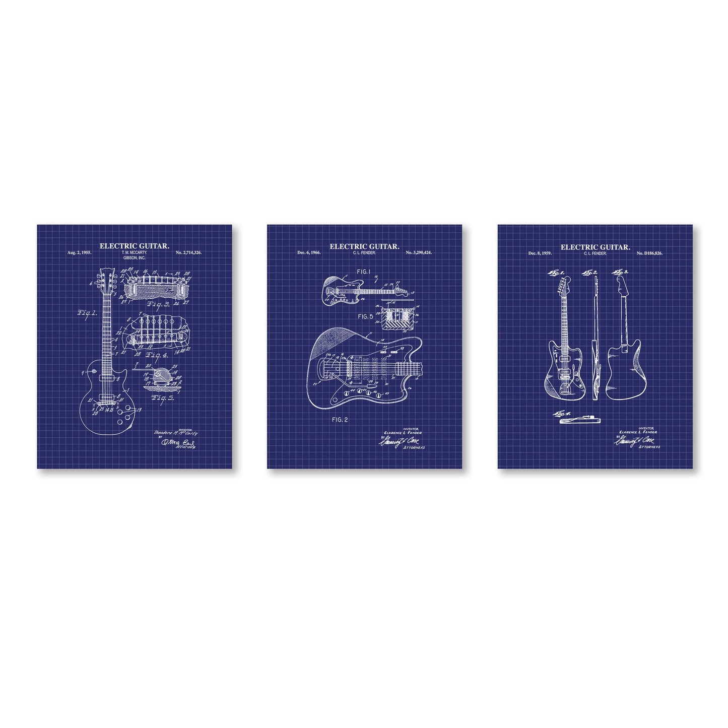 Electric Guitar Patent Wall Art | Guitar Patent Prints | Music Wall Art | Set of 3 Physical Prints