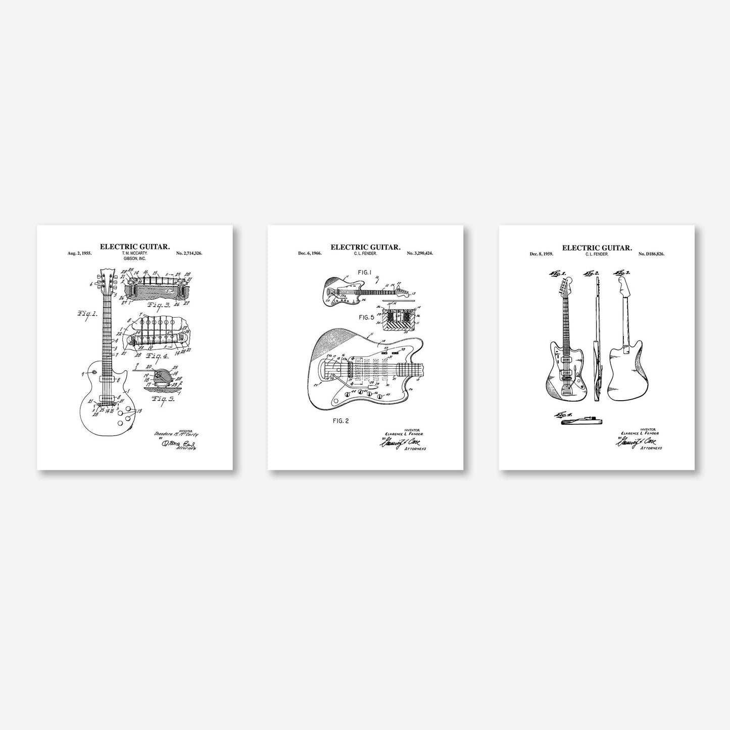 Electric Guitar Patent Wall Art | Guitar Patent Prints | Music Wall Art | Set of 3 Physical Prints
