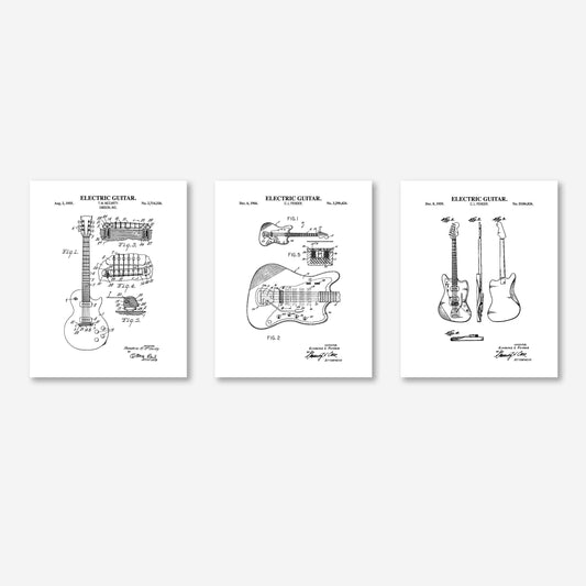 Electric Guitar Patent Wall Art | Guitar Patent Prints | Music Wall Art | Set of 3 Physical Prints
