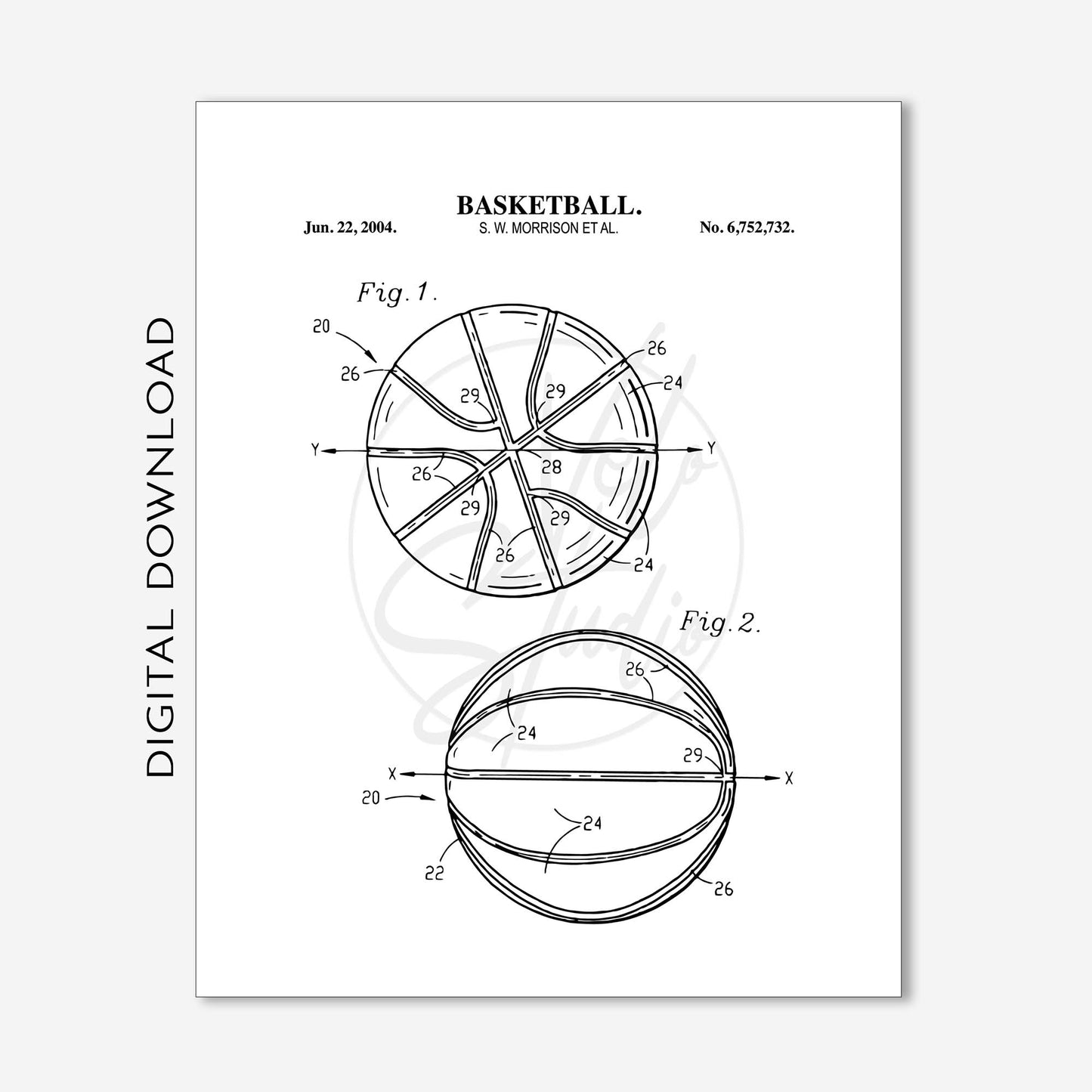 Basketball Patent Print Wall Art - Set of 6 - PRINTABLE DIGITAL DOWNLOAD