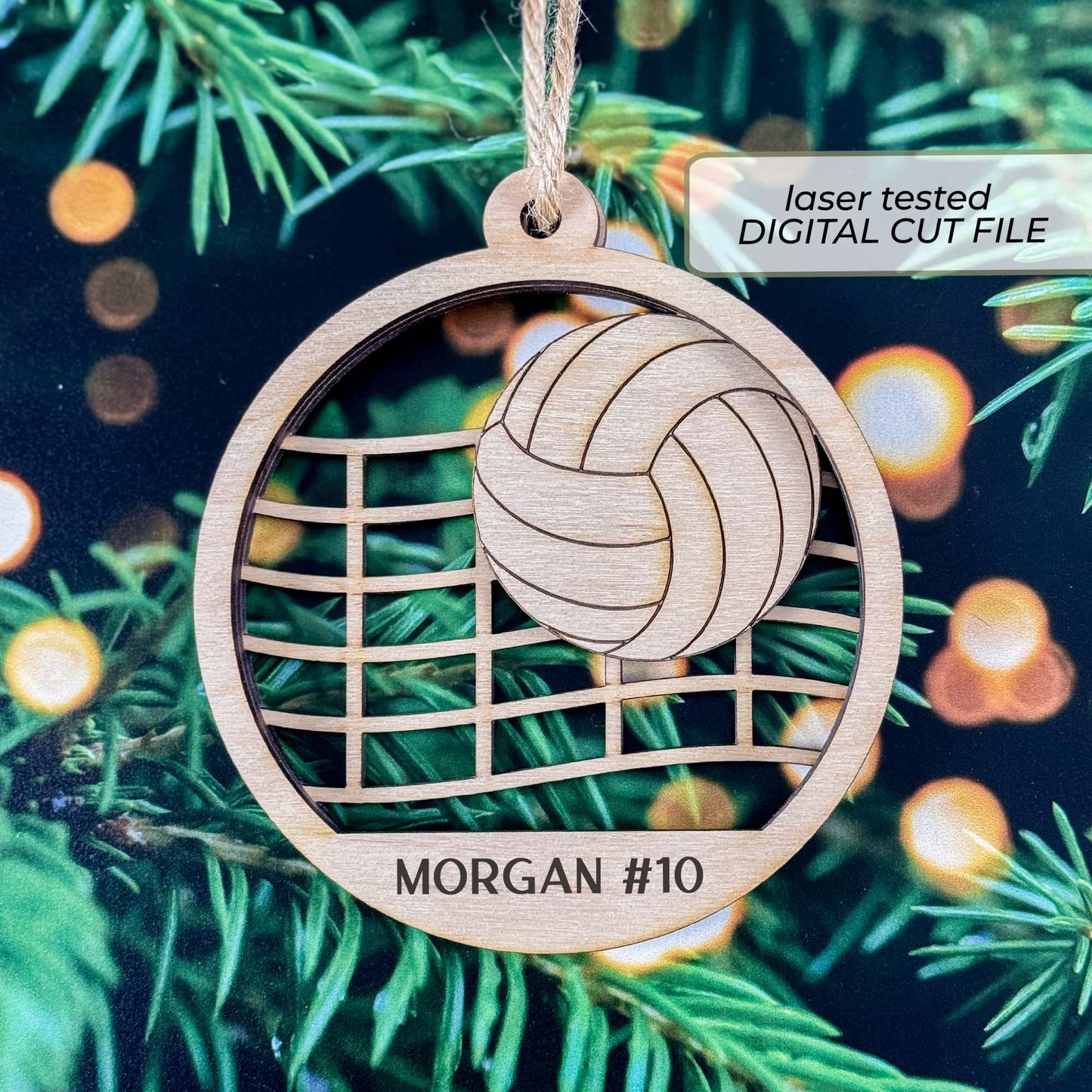 Volleyball ornament SVG listing image showing a laser-cut wooden sample with a layered ball, net, and personalized player name and number.