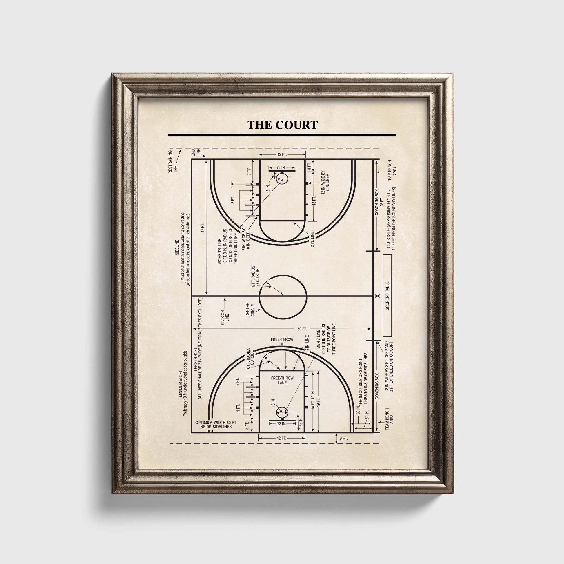 Framed diagram of a basketball court on a light gray background