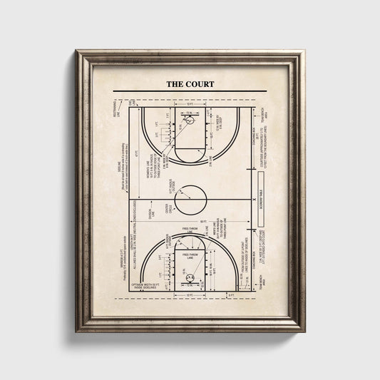 Framed diagram of a basketball court on a light gray background