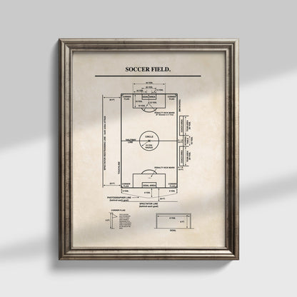 Framed diagram of a soccer field on a gray background