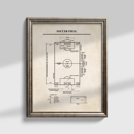 Framed diagram of a soccer field on a gray background