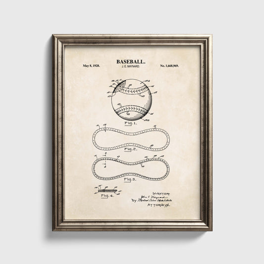 Framed vintage-style diagram of a baseball on a light gray background