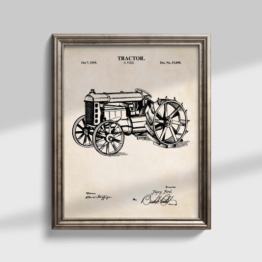 Framed vintage tractor patent print on a light background