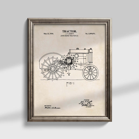 Framed antique tractor patent print on a light gray background