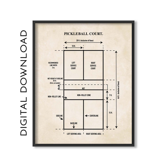 Pickleball Court Diagram Wall Art Print - PRINTABLE DIGITAL DOWNLOAD