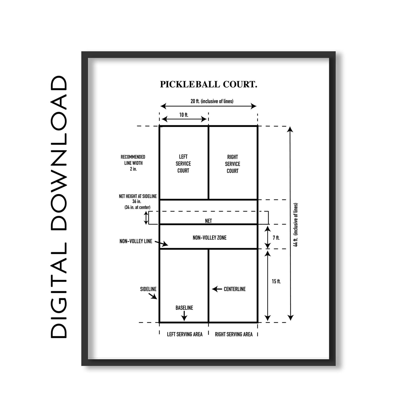 Pickleball Court Diagram Wall Art Print - PRINTABLE DIGITAL DOWNLOAD