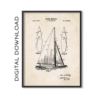 Sailboat Patent Wall Art - Nautical Coastal Print - PRINTABLE DIGITAL DOWNLOAD