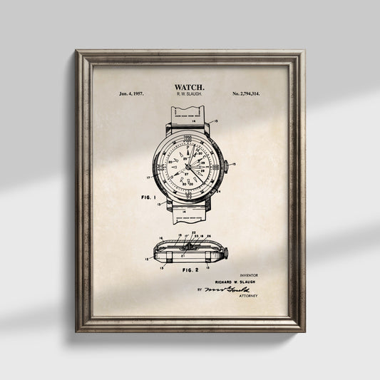 Framed watch patent print on a light gray background