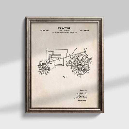 Framed vintage tractor patent print on a light gray background