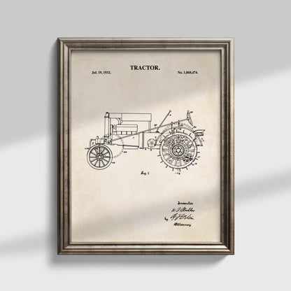 Tractor Wall Art - 1932 Tractor Patent Art - Ready to Frame Print