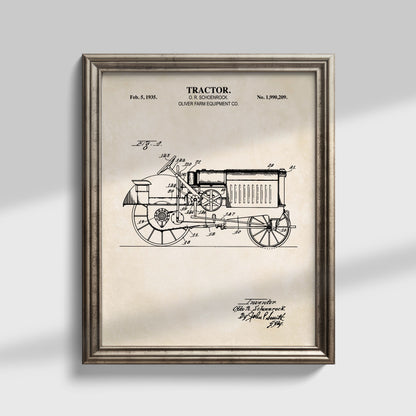 Framed vintage tractor patent print on a light gray background